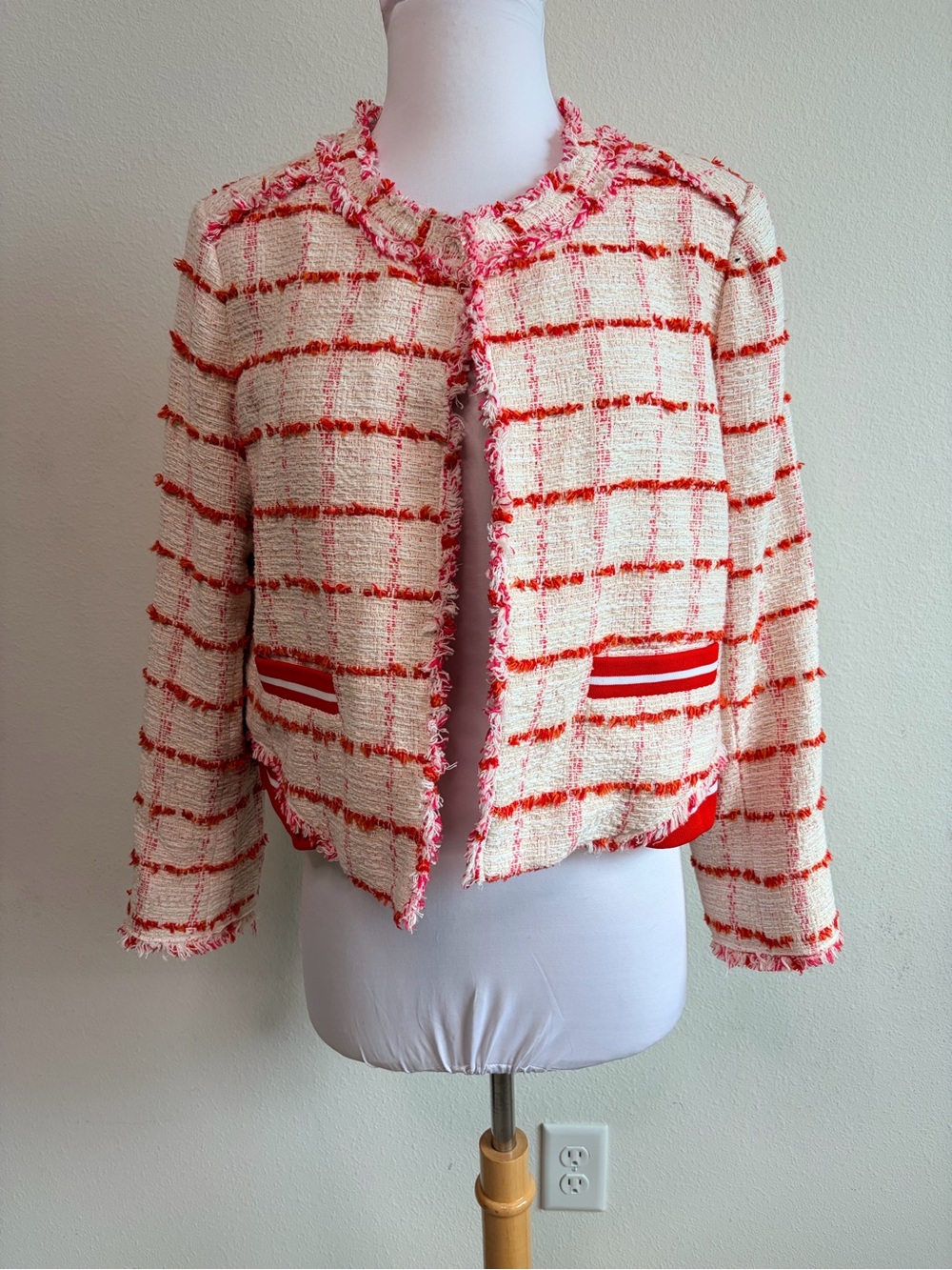 Pinko Cream and Coral Tweed Fringe Jacket